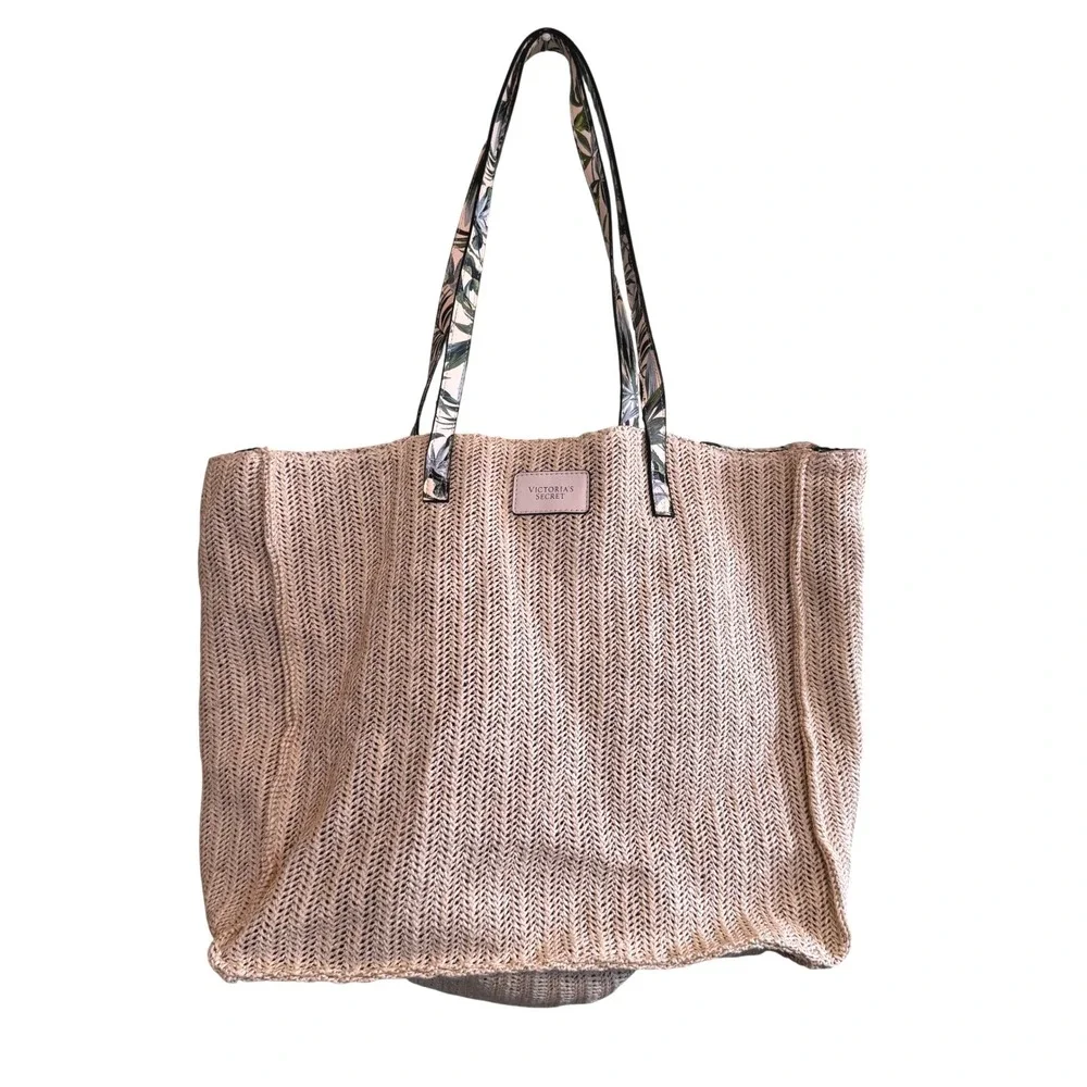 Victoria's Secret Women Limited Edition Beach Travel Tropical Woven Tote Bag Tan